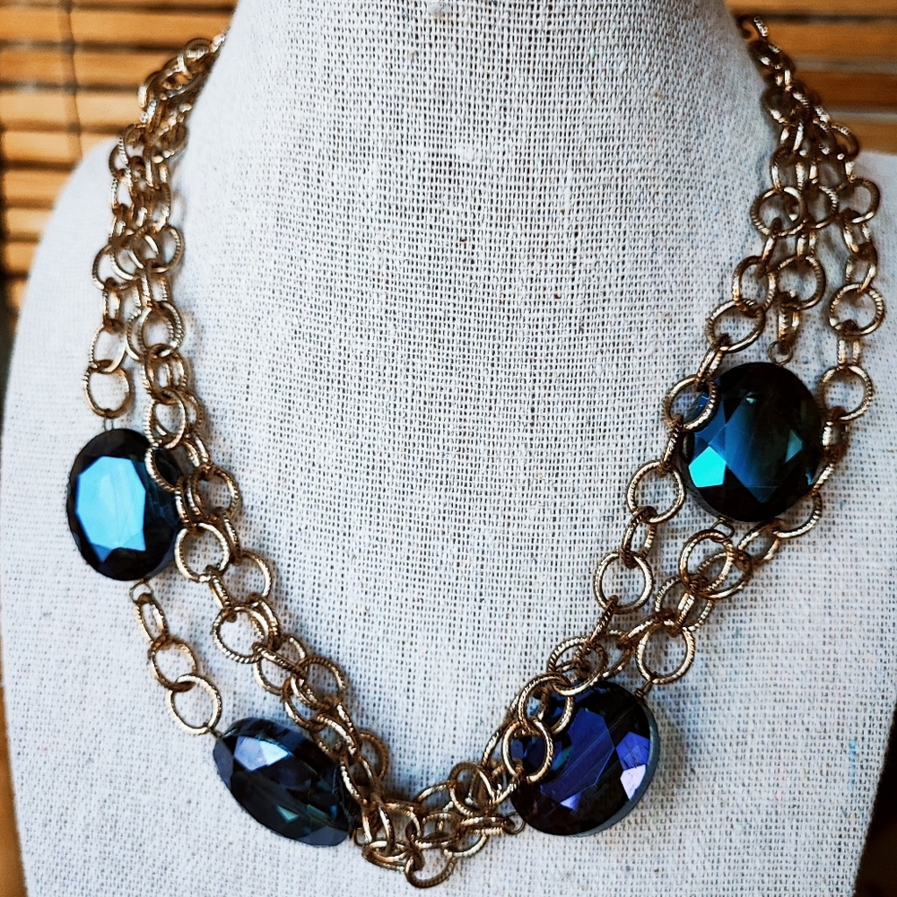 Midnight Blue Iridescent Oil Slick Faceted Glass Crystal Gold Tone Triple Strand
